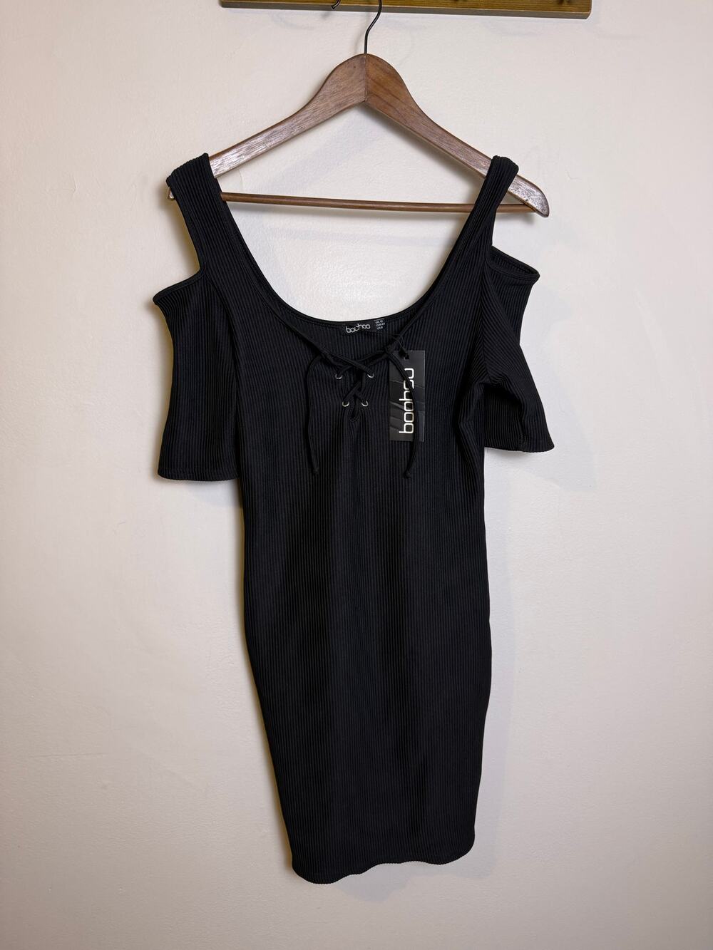 NWT Boohoo Black Ribbed Mini Dress Lace Front Women’s Sz 8